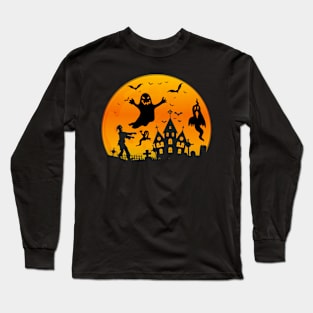 Spooky Moon Halloween Witch Monster Ghost Pumpkin Long Sleeve T-Shirt